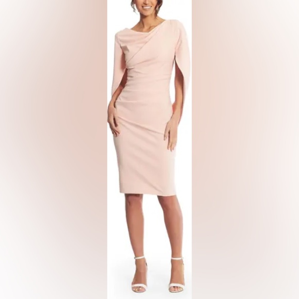 Cape sleeve crepe sheath dress in soft pink.